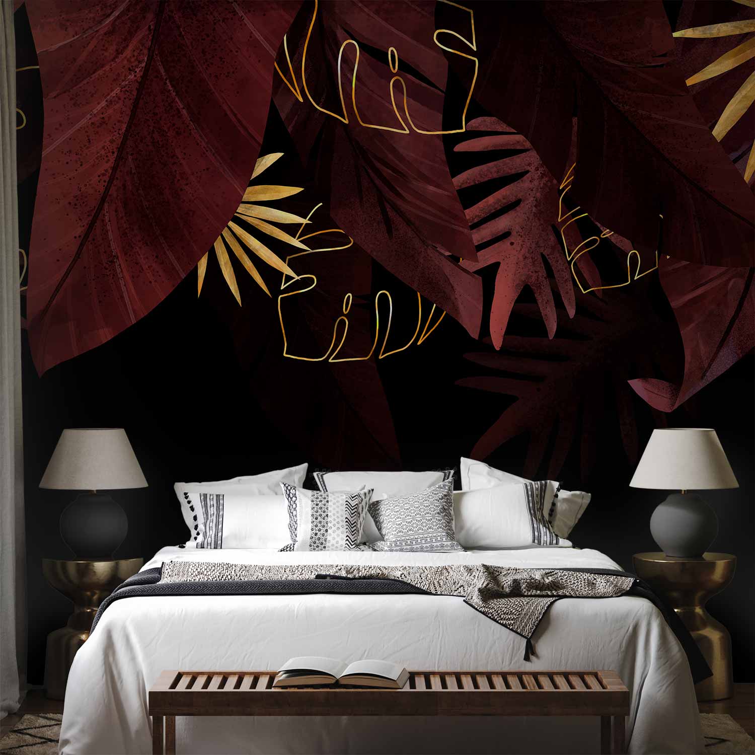 Jungle Red and Gold Leaf Motif Black Wall Mural