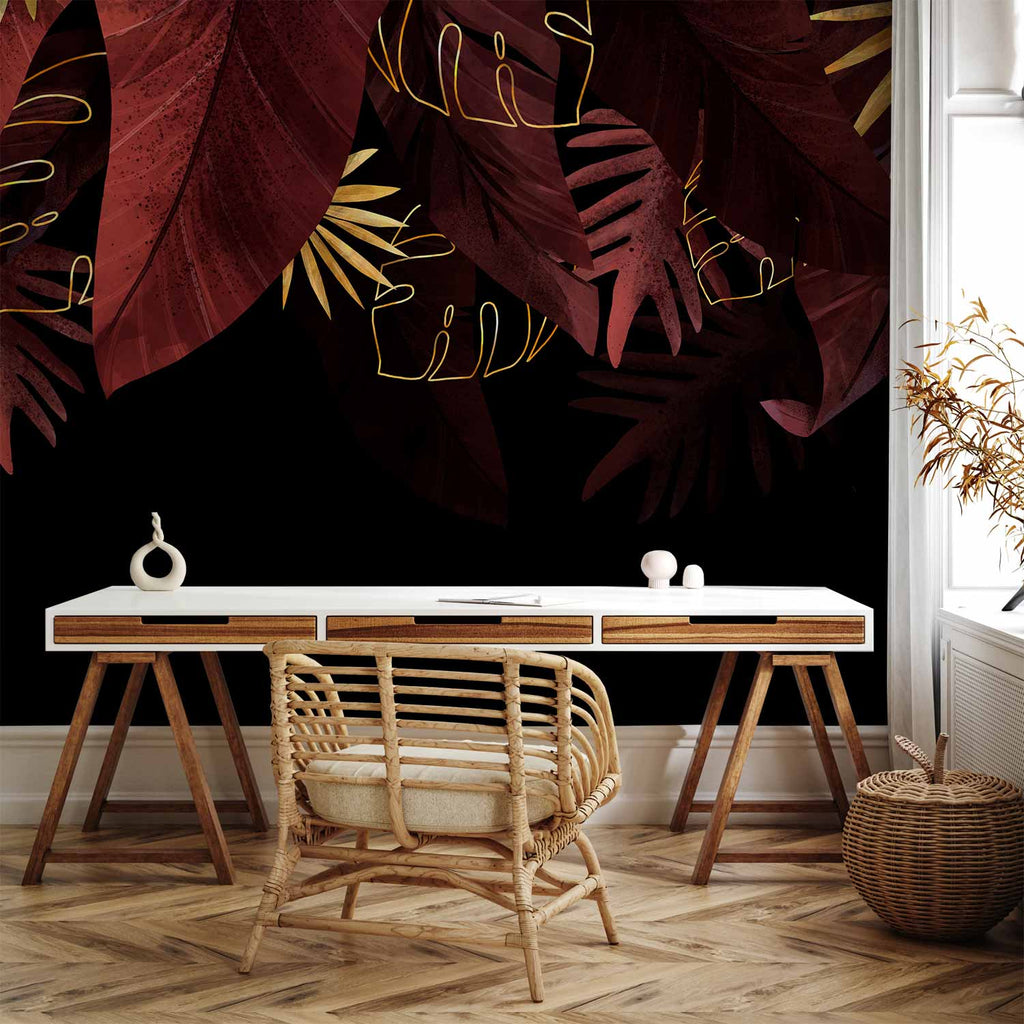 Jungle Red and Gold Leaf Motif Black Wall Mural