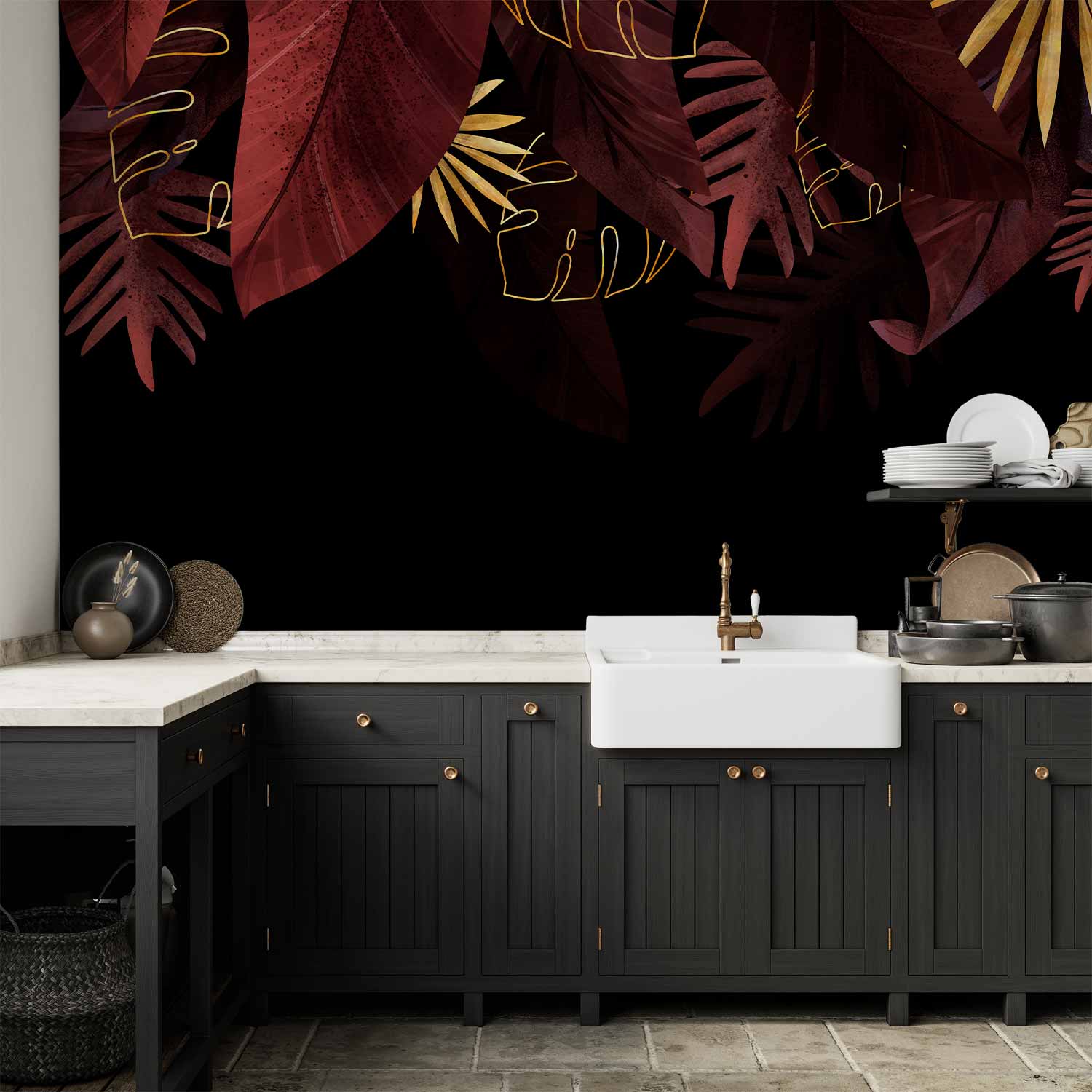 Wall mural jungle and composition with red and gold leaf on black background