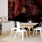 Jungle Red and Gold Leaf Motif Black Wall Mural