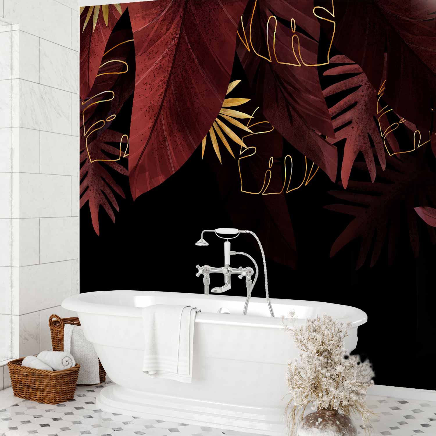 Jungle Red and Gold Leaf Motif Black Wall Mural