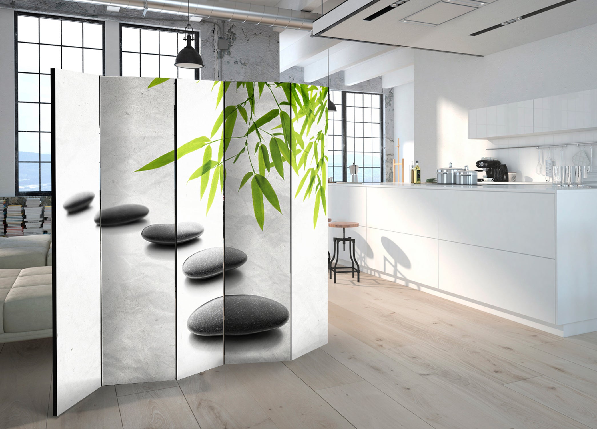 Zen Stones and Bamboo 5-Panel Room Divider