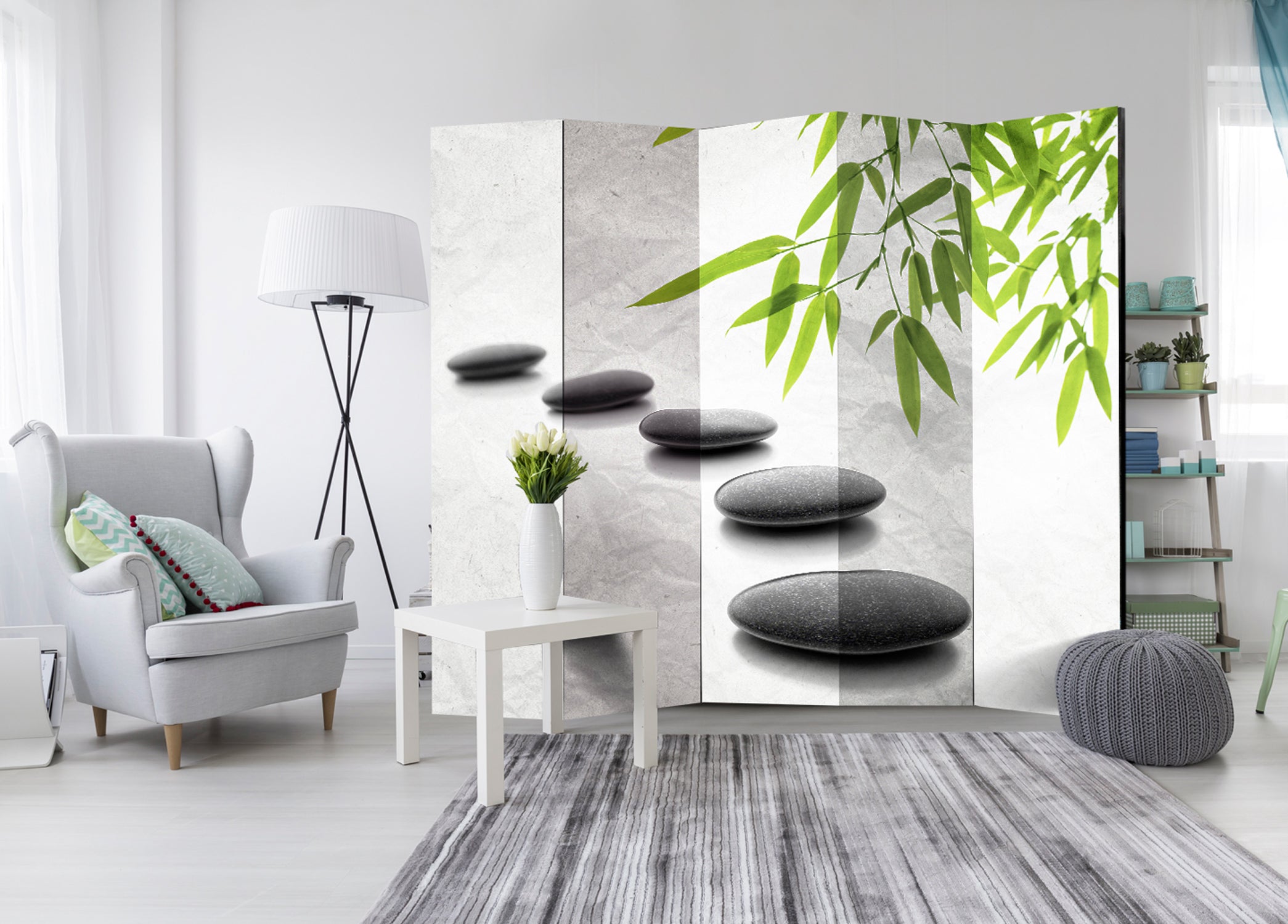 Zen Stones and Bamboo 5-Panel Room Divider