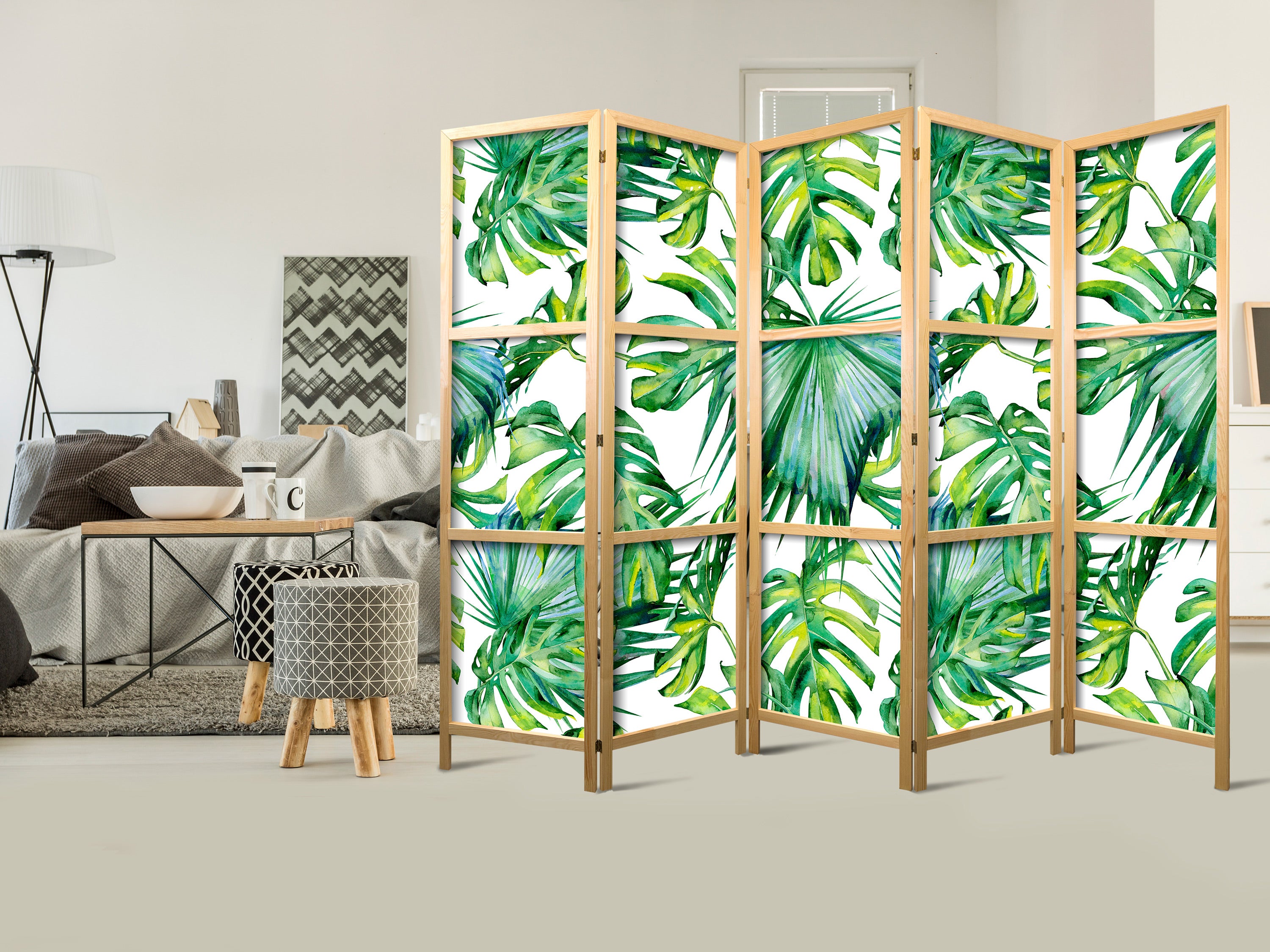 Monstera Palm Leaves Green 5-Panel Japanese Room Divider