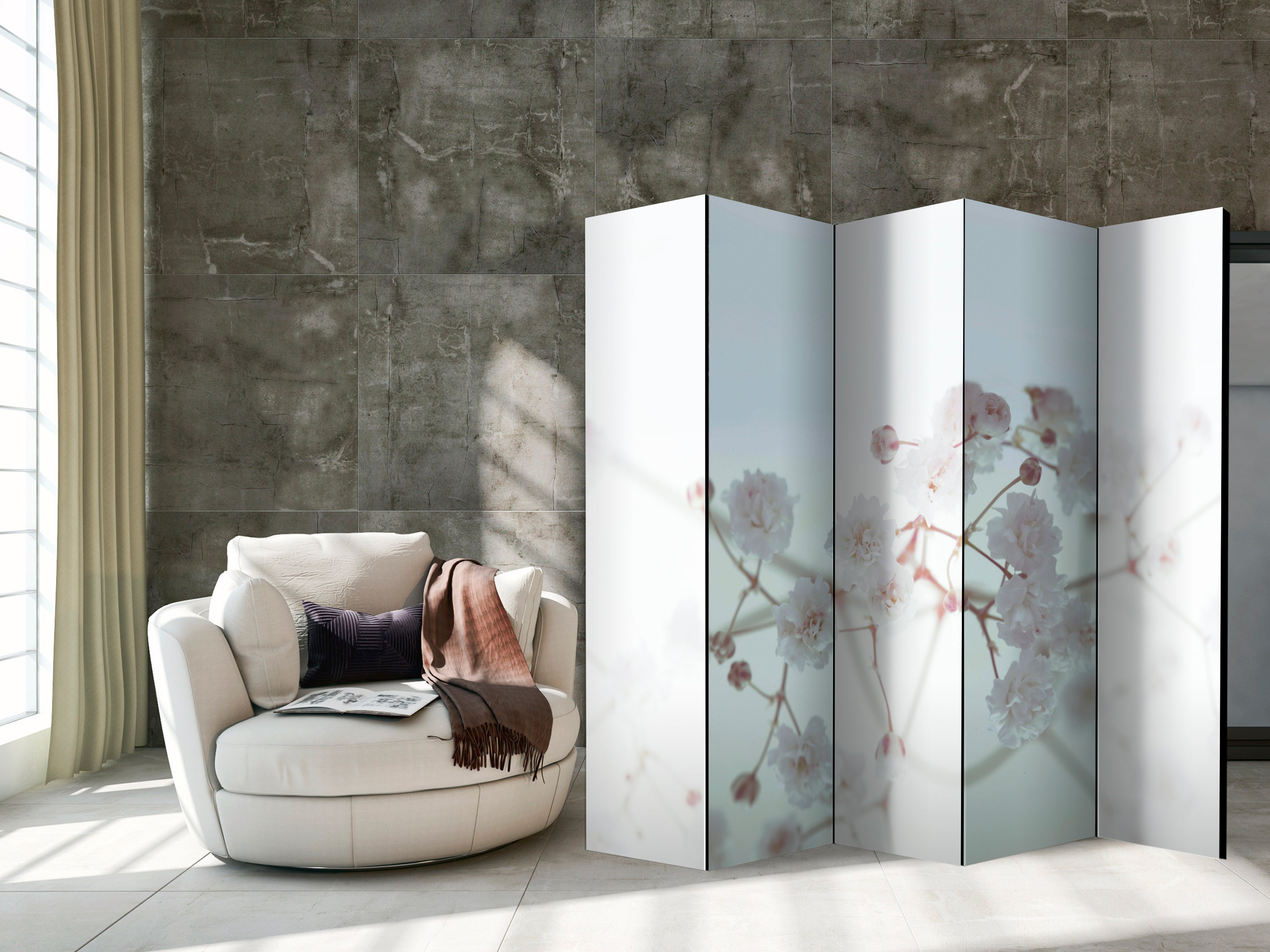 White Flower Pattern 5-Panel Room Divider