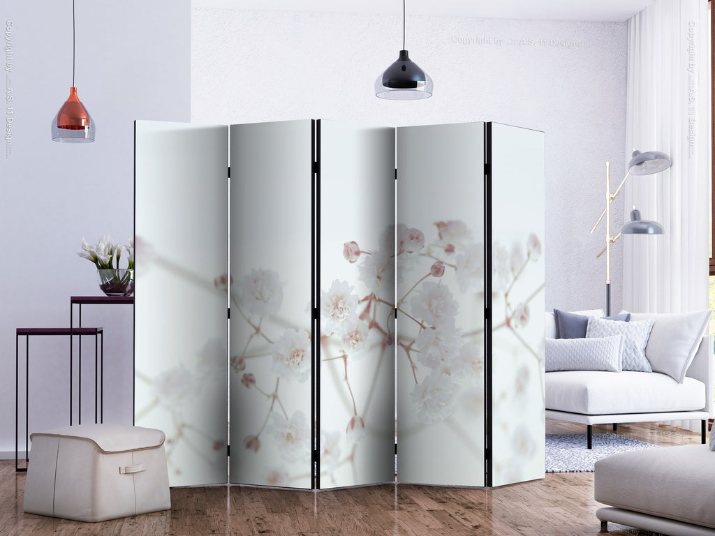 White Flower Pattern 5-Panel Room Divider