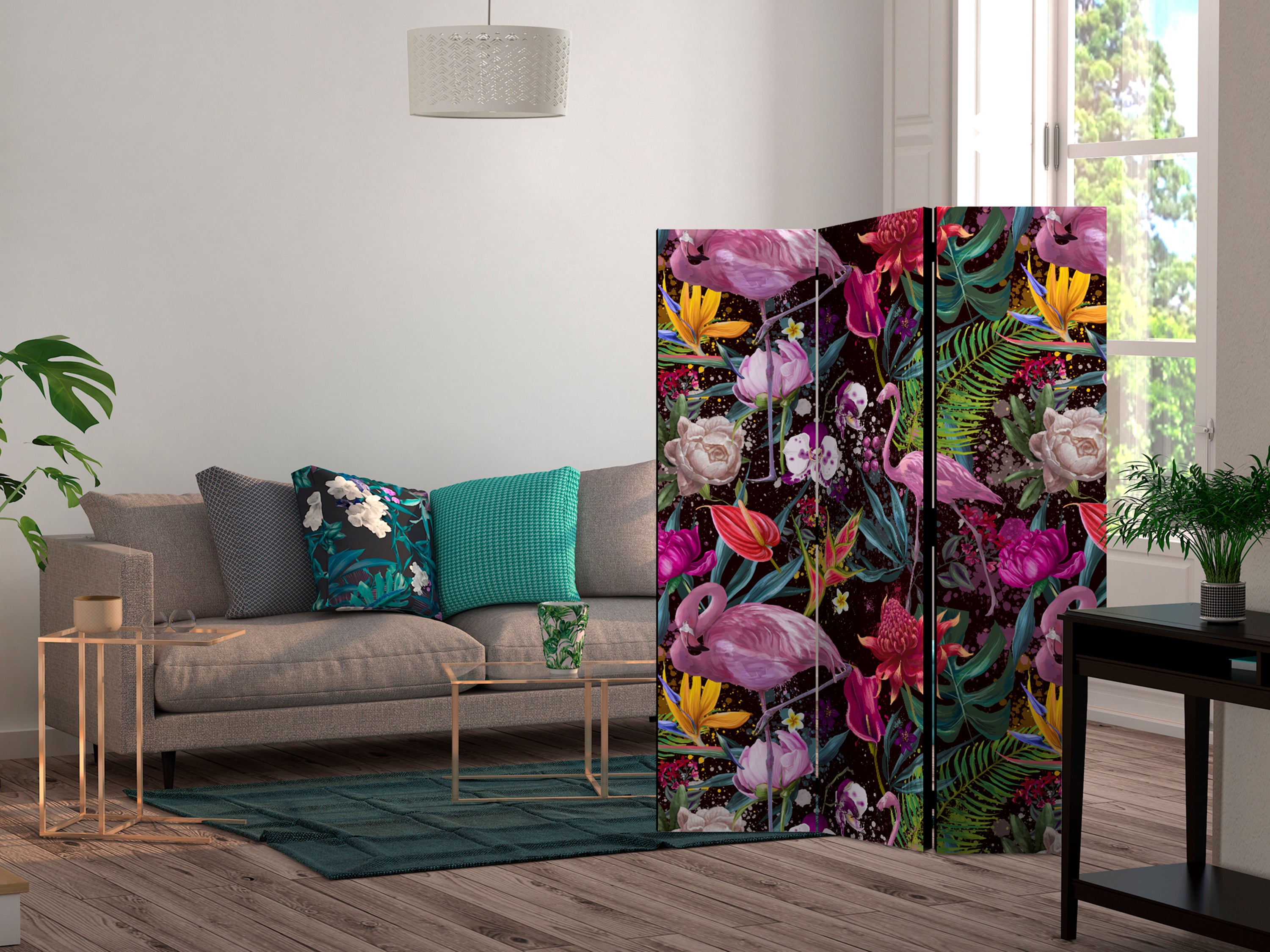 Tropical Flamingo Watercolor Multicolor Room Divider