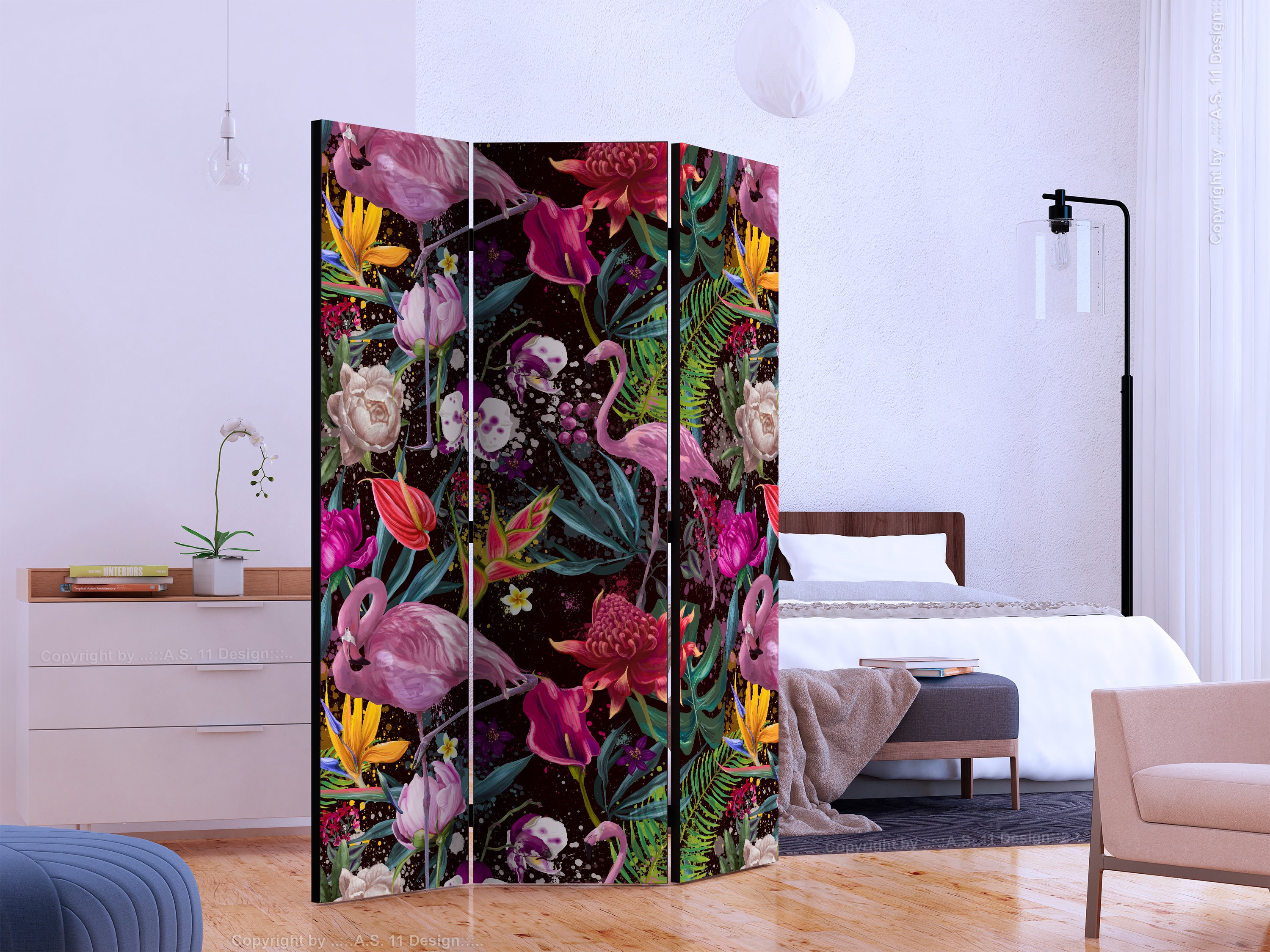 Tropical Flamingo Watercolor Multicolor Room Divider