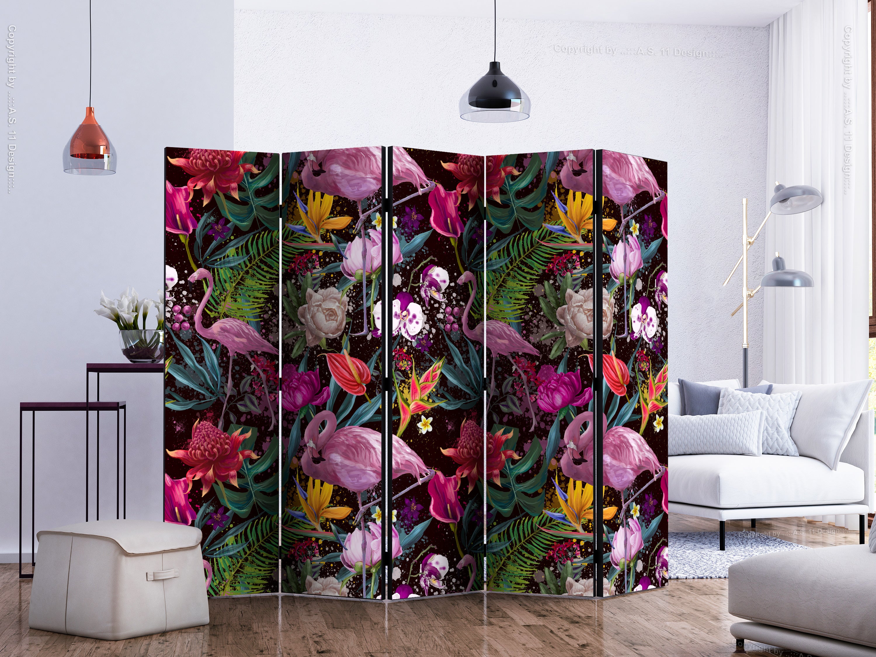 Colorful Exotic Tropical Flamingos Room Divider