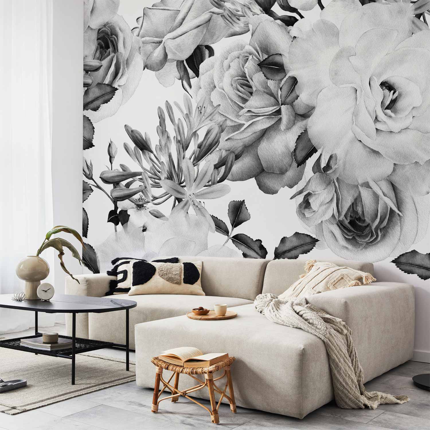 Black and White Floral Watercolor Wall Mural