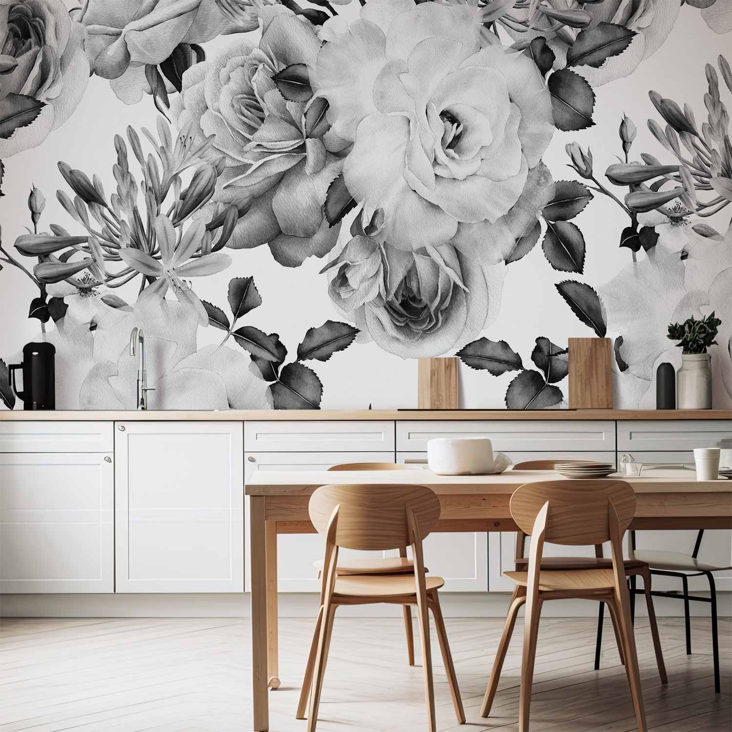 Black and White Floral Watercolor Wall Mural