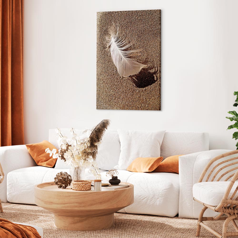 Feather on Sandy Shore Vertical Canvas Print