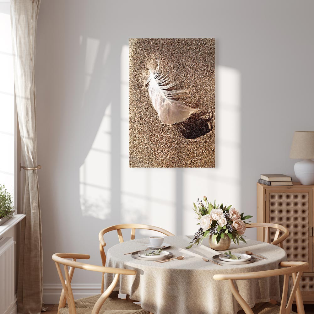 Feather on Sandy Shore Vertical Canvas Print