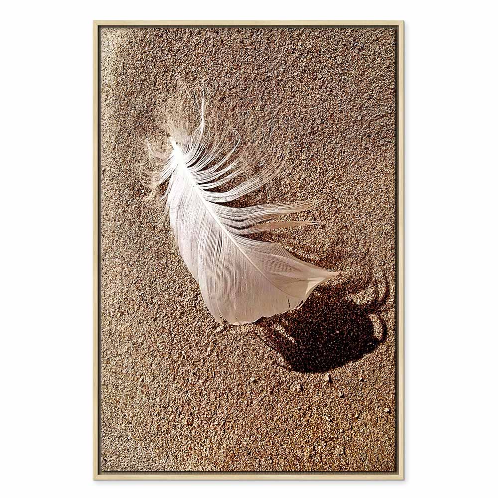 Feather on Sandy Shore Vertical Canvas Print