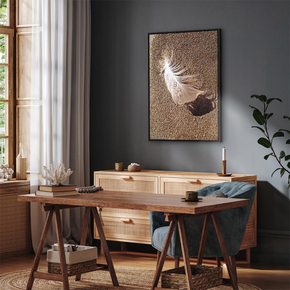 Feather on Sandy Shore Vertical Canvas Print