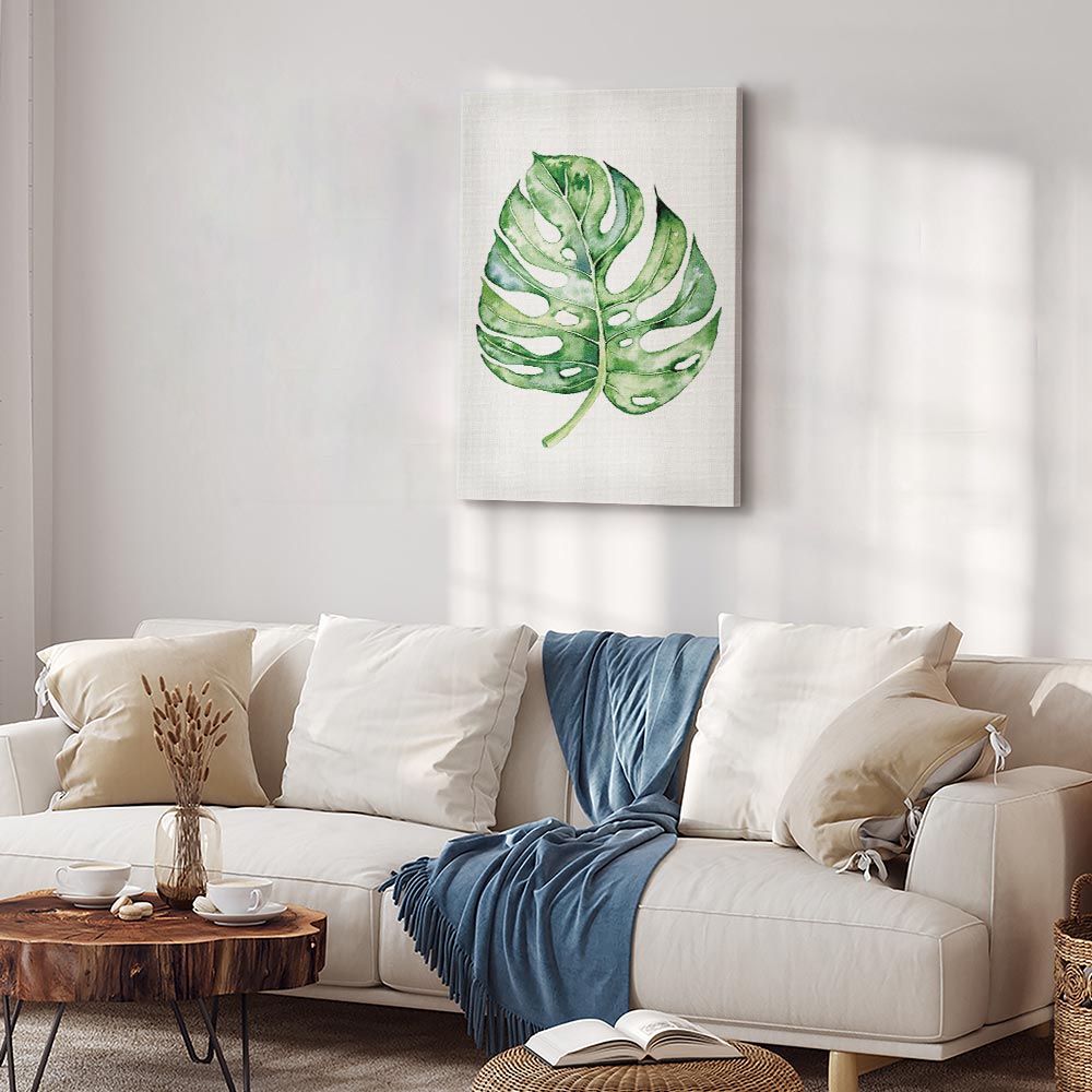 Watercolor Monstera Leaves Vertical Canvas Print
