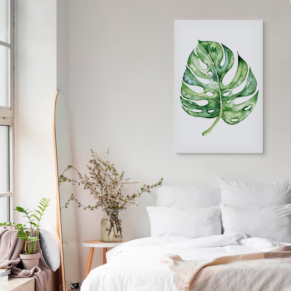 Watercolor Monstera Leaves Vertical Canvas Print