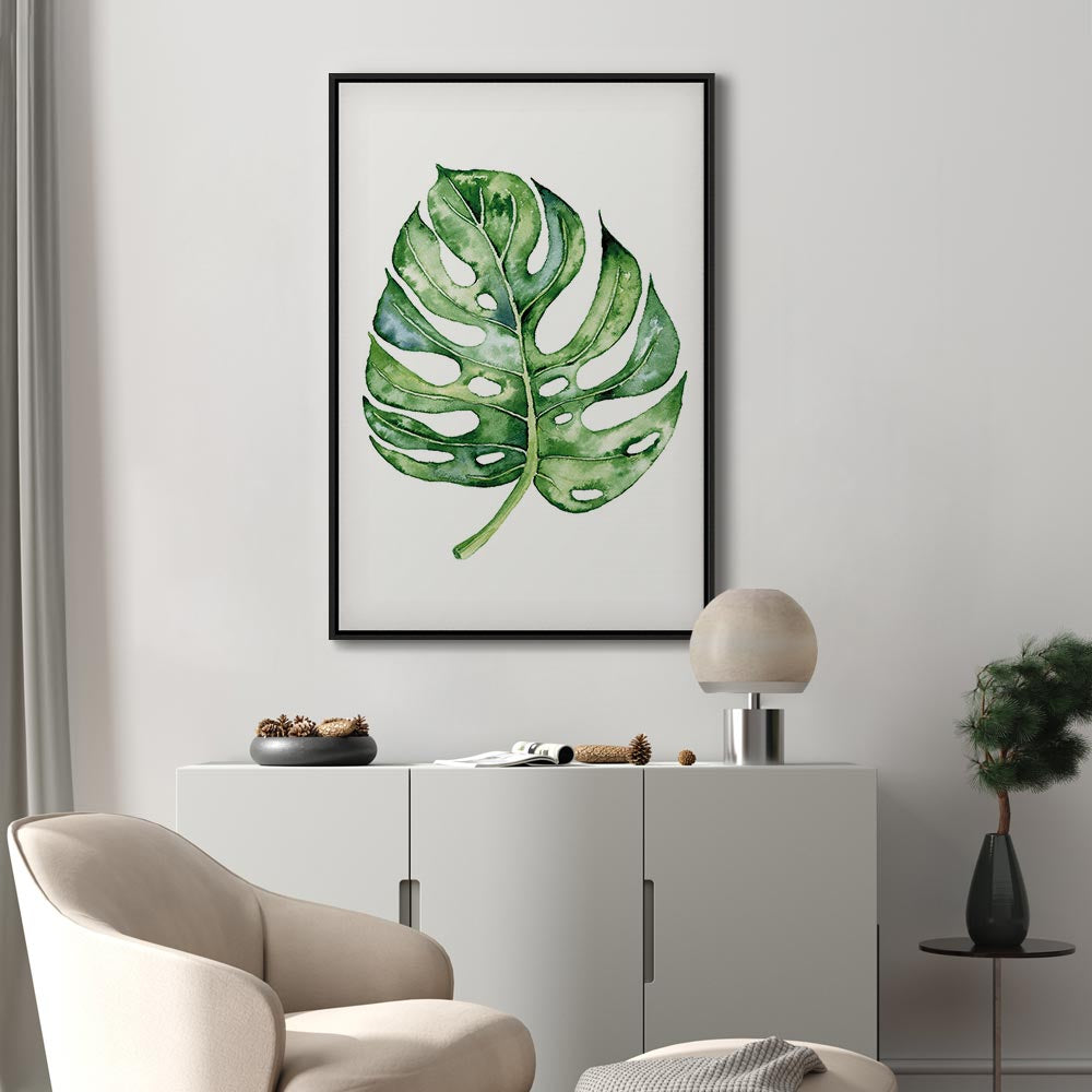 Watercolor Monstera Leaves Vertical Canvas Print