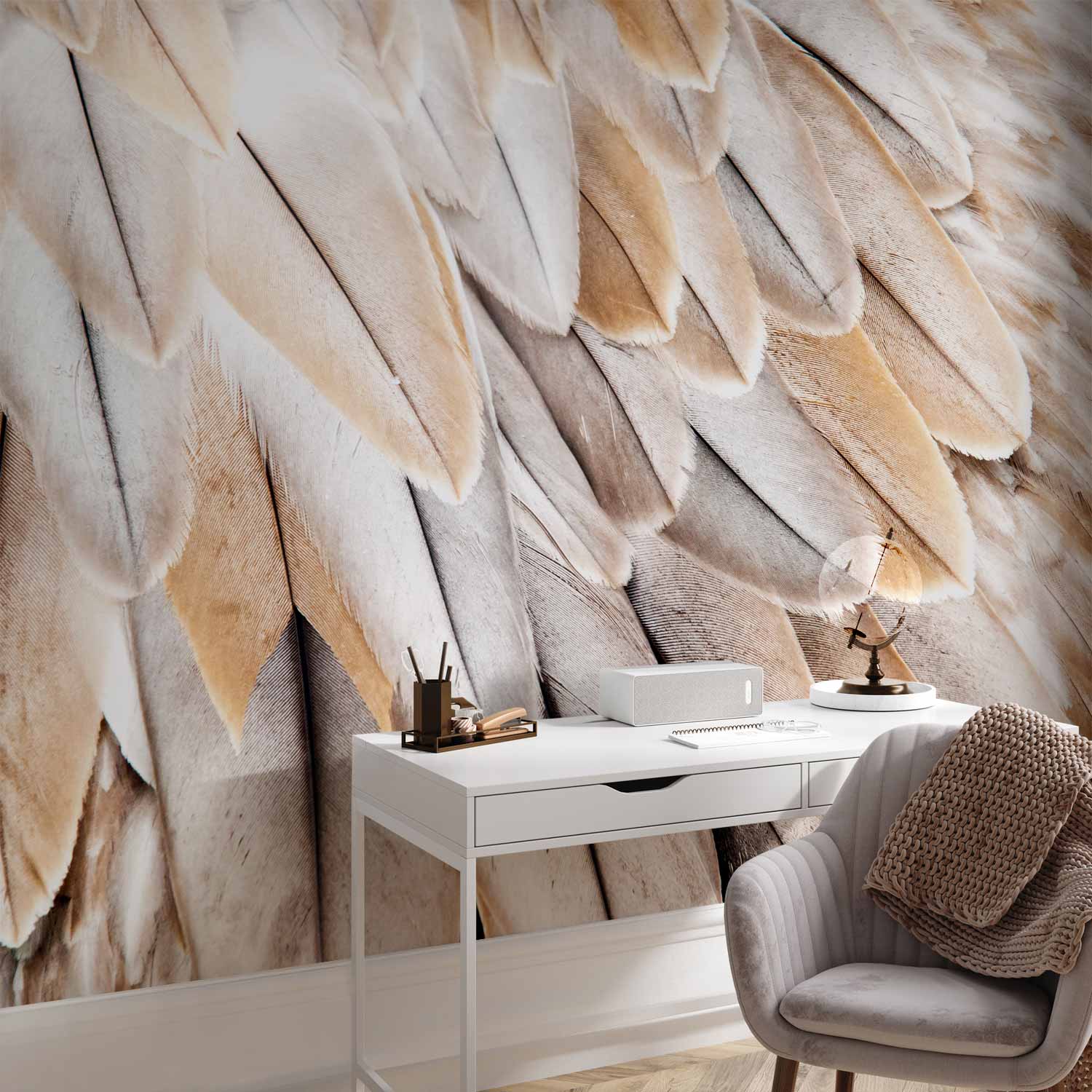 Beige Bird Feather Wings Close-Up Wall Mural