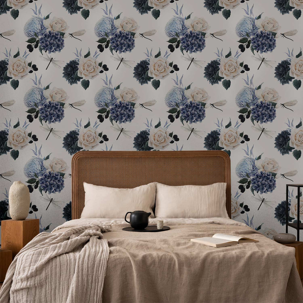 Roses and Hydrangeas Floral Wallpaper