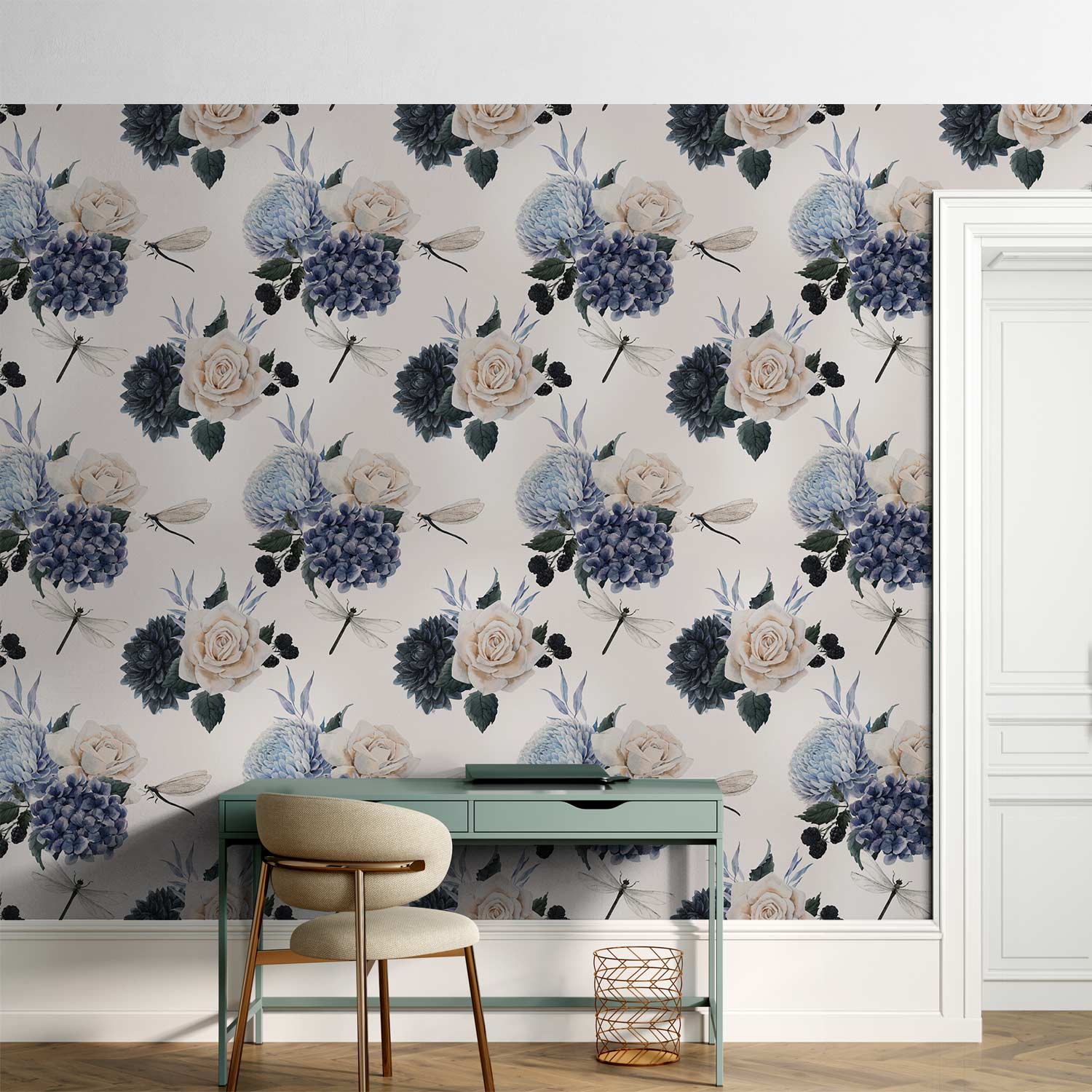Roses and Hydrangeas Floral Wallpaper