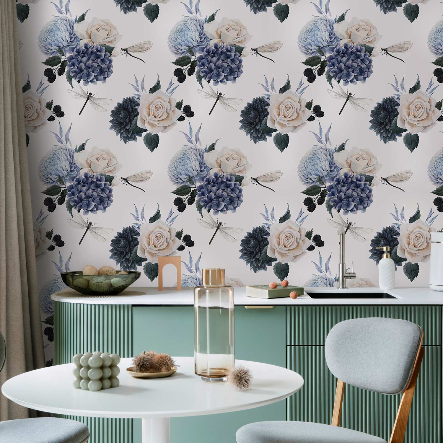 Roses and Hydrangeas Floral Wallpaper