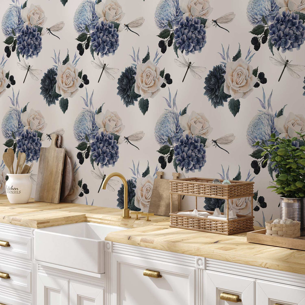 Roses and Hydrangeas Floral Wallpaper
