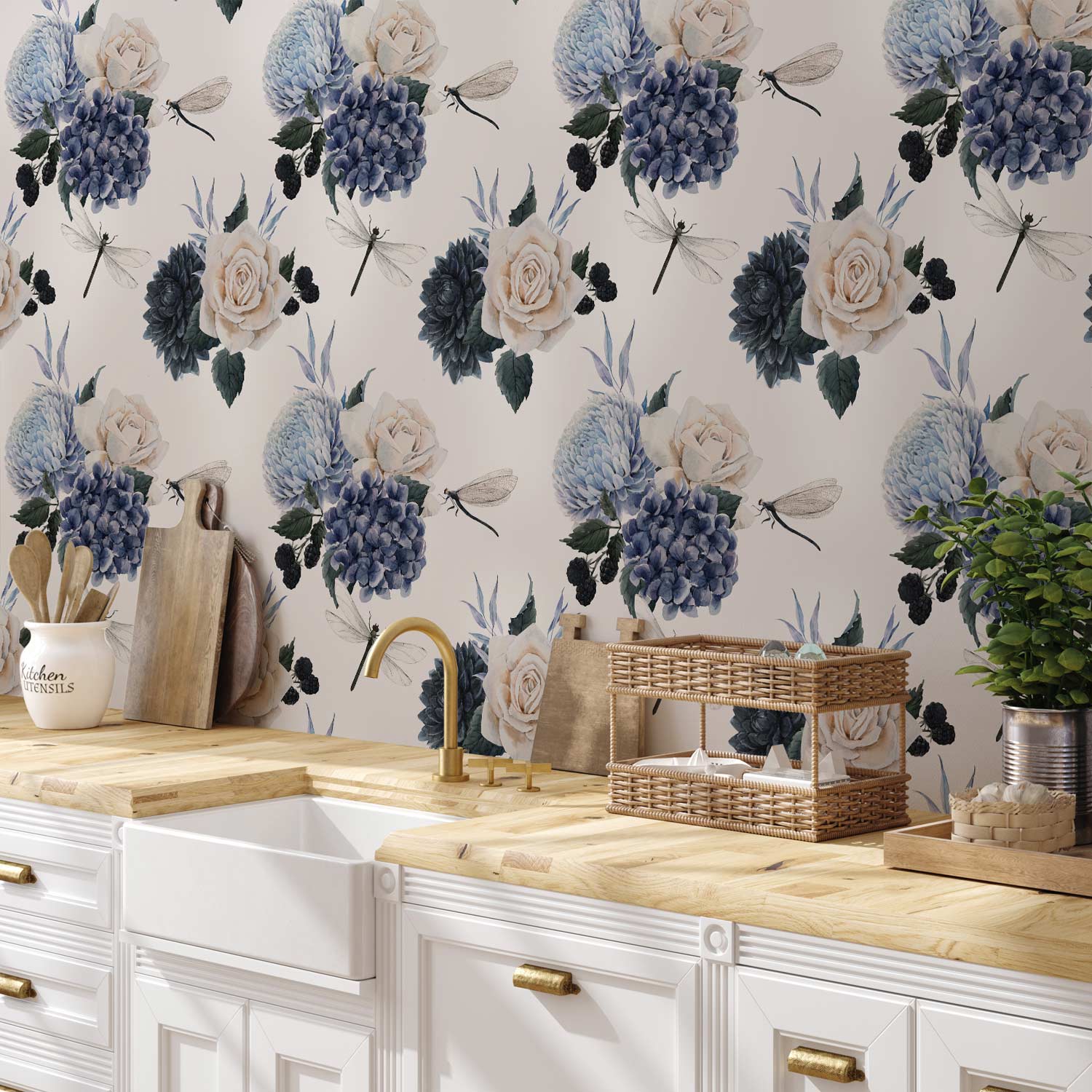 Roses and Hydrangeas Floral Wallpaper