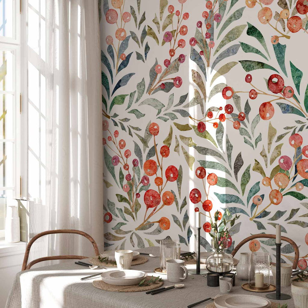 Red Berry Leaves Botanical Wall Mural