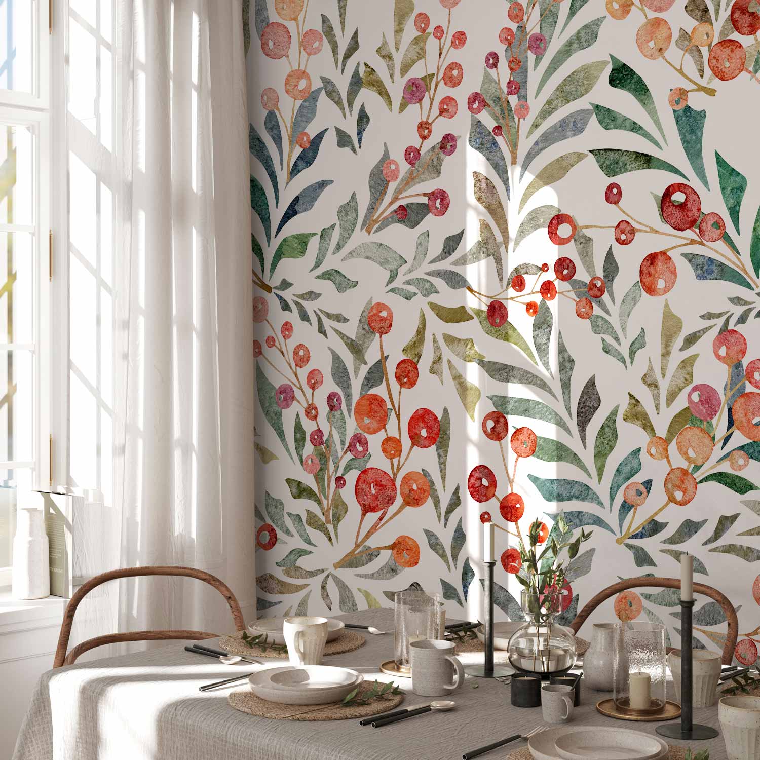 Red Berry Leaves Botanical Wall Mural