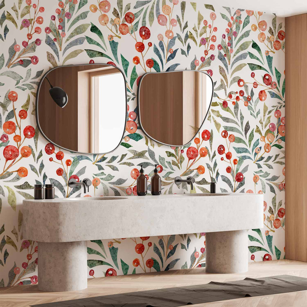 Red Berry Leaves Botanical Wall Mural