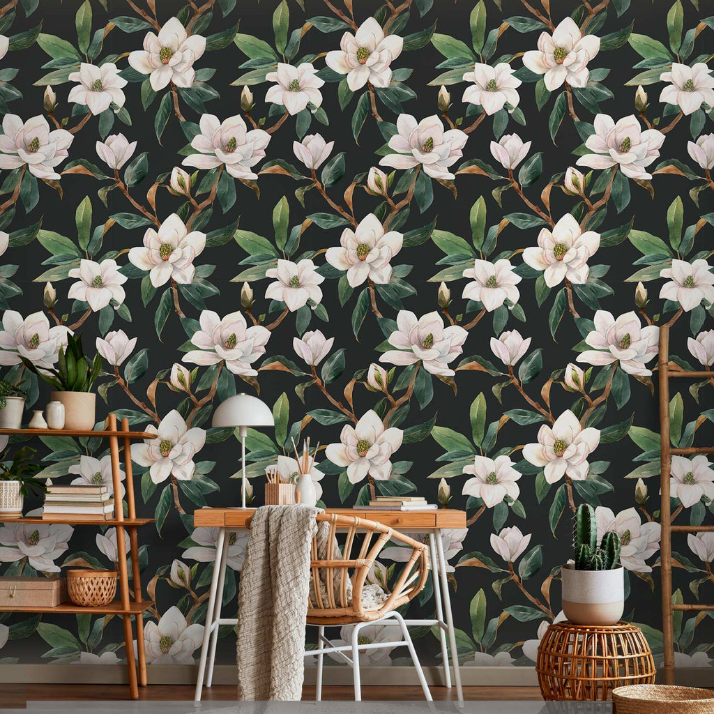 White Magnolia Floral Wallpaper