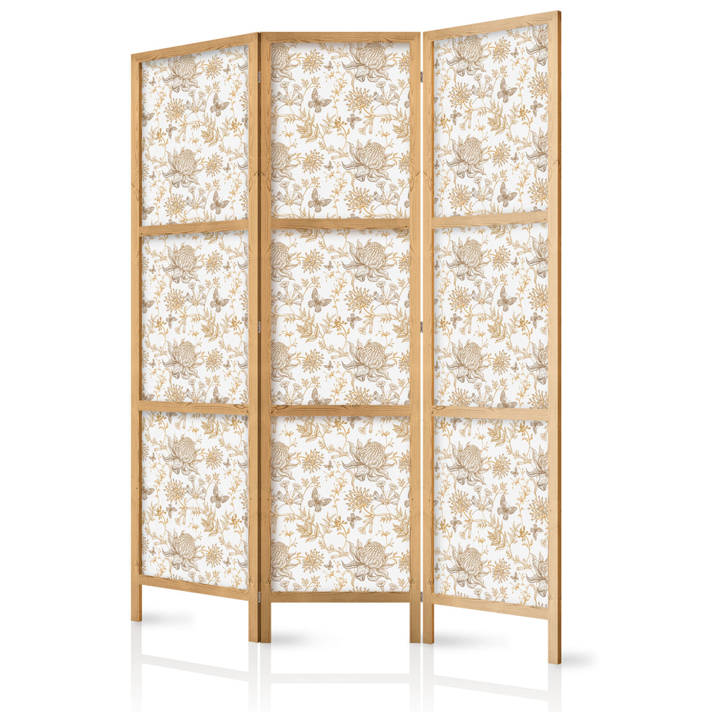 Japanese Room Divider 3-Panel Beige Floral Screen