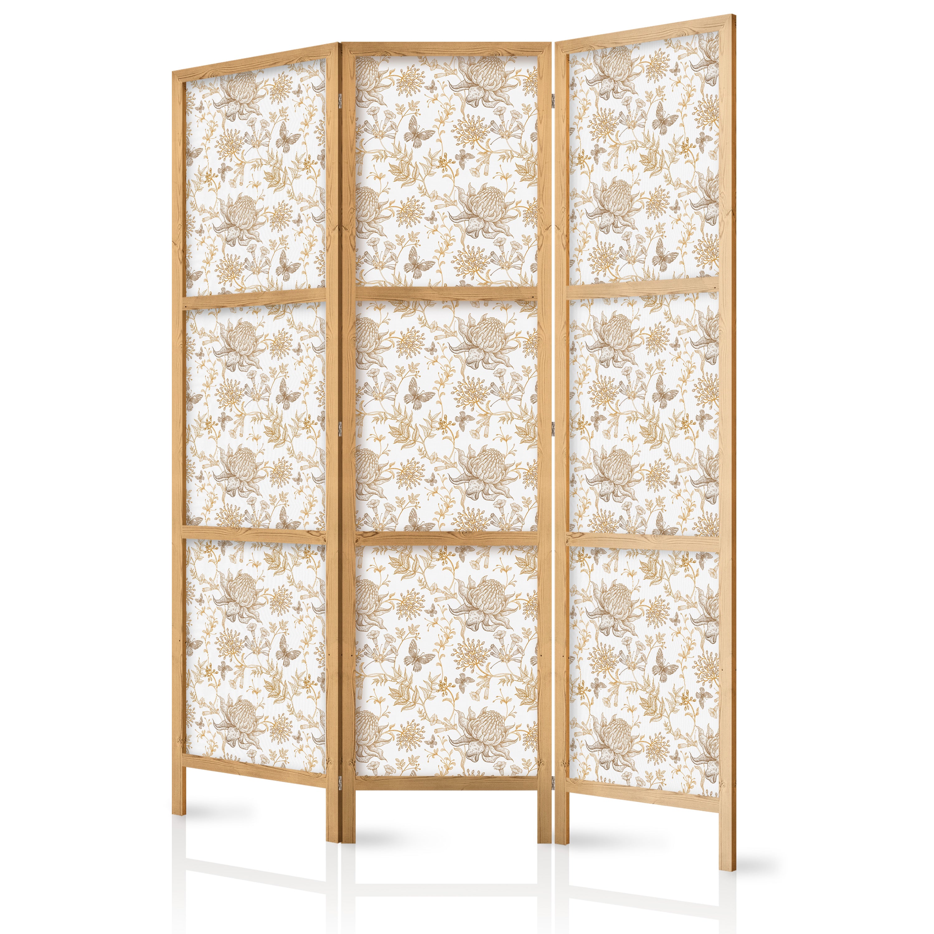 Japanese Room Divider 3-Panel Beige Floral Screen
