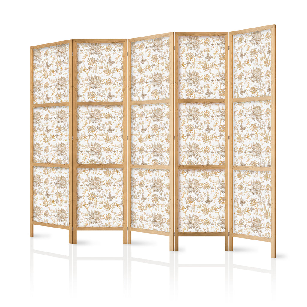 Japanese Room Divider - Beige Nature Tones with Flowers and Butterflies