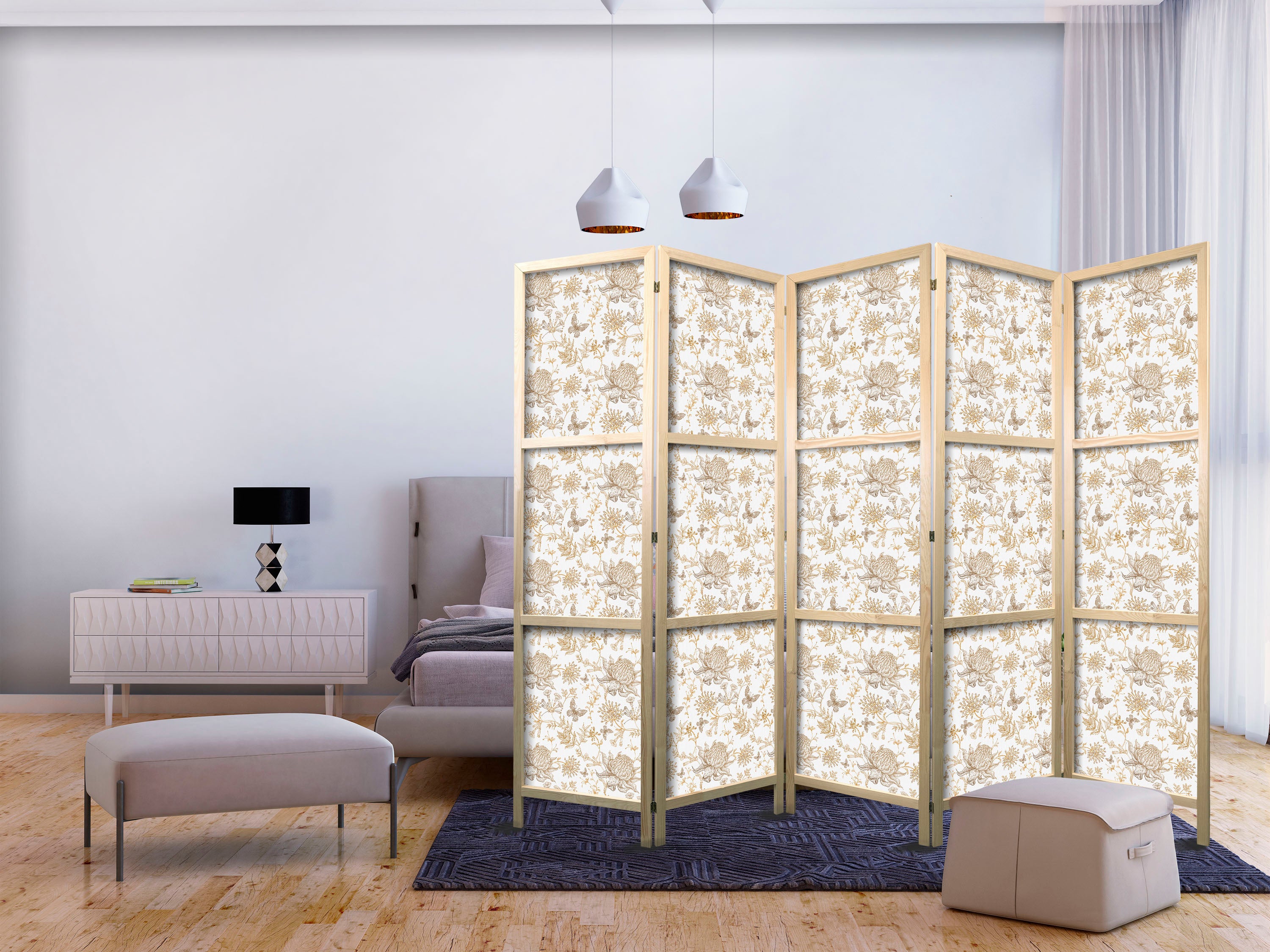 Japanese Room Divider - Beige Nature Tones with Flowers and Butterflies