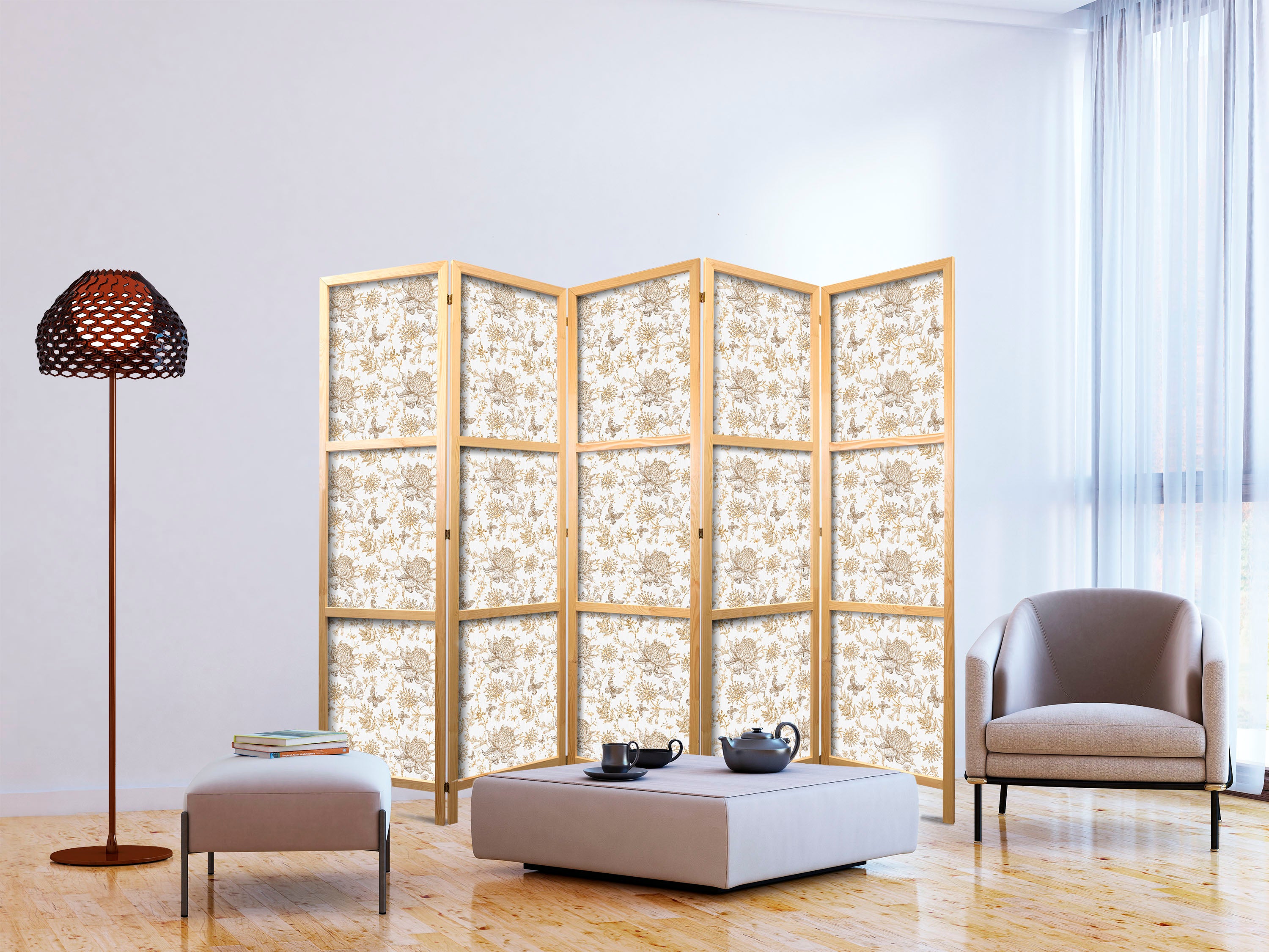 Japanese Room Divider - Beige Nature Tones with Flowers and Butterflies