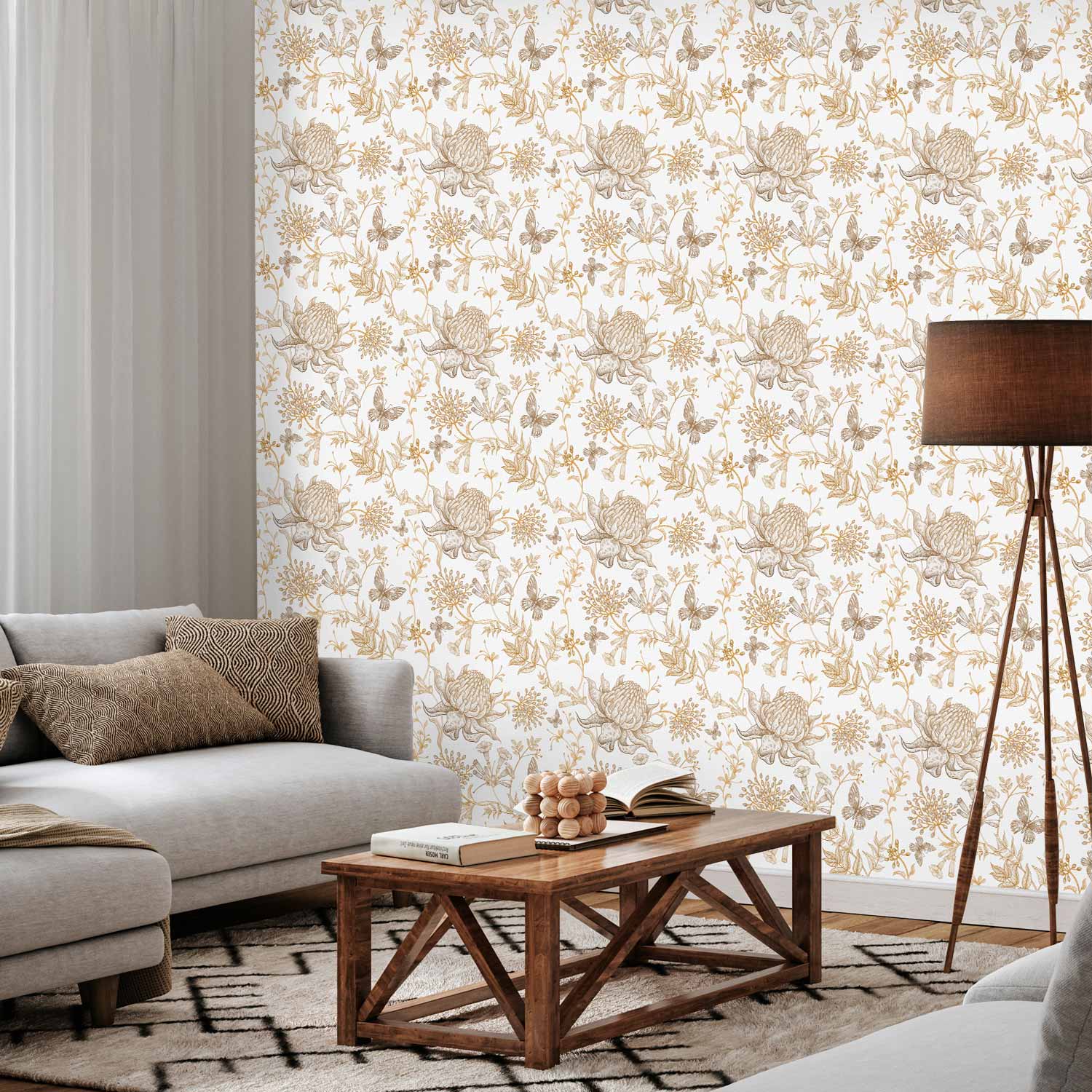 Beige Flowers and Butterflies Floral Wallpaper