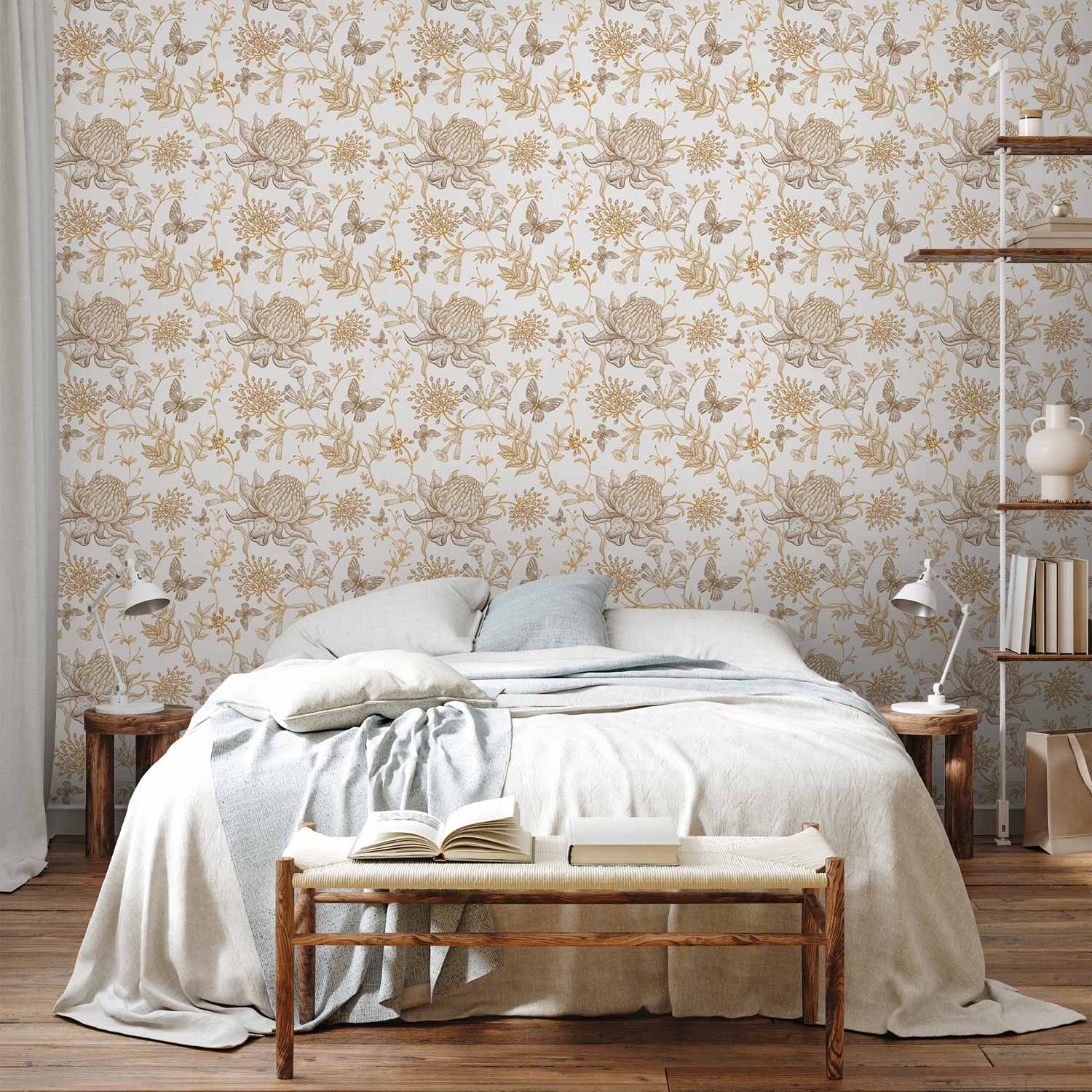 Beige Flowers and Butterflies Floral Wallpaper