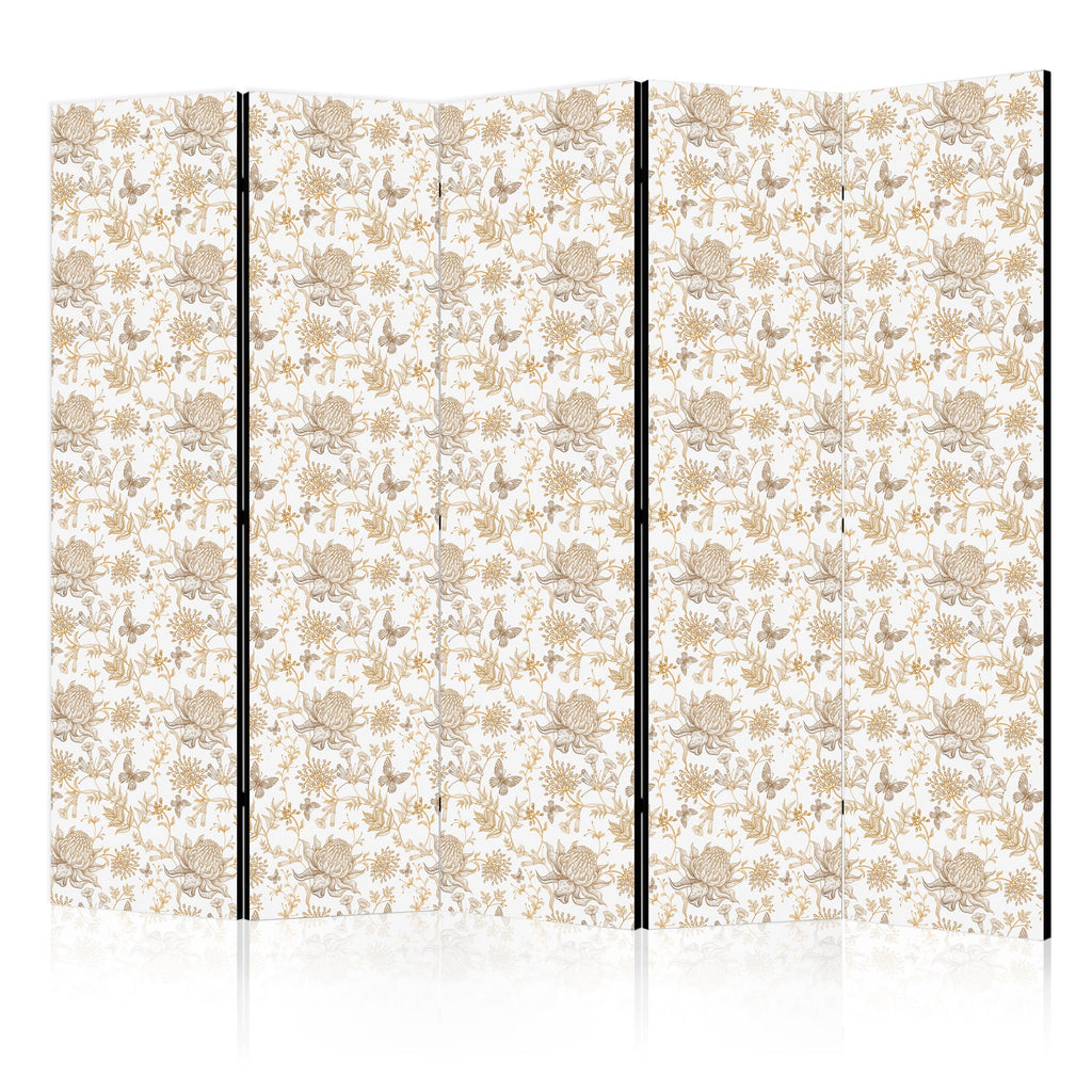 Room Divider - Beige Shades of Nature - Flowers and Butterflies on a White Background - Illustration