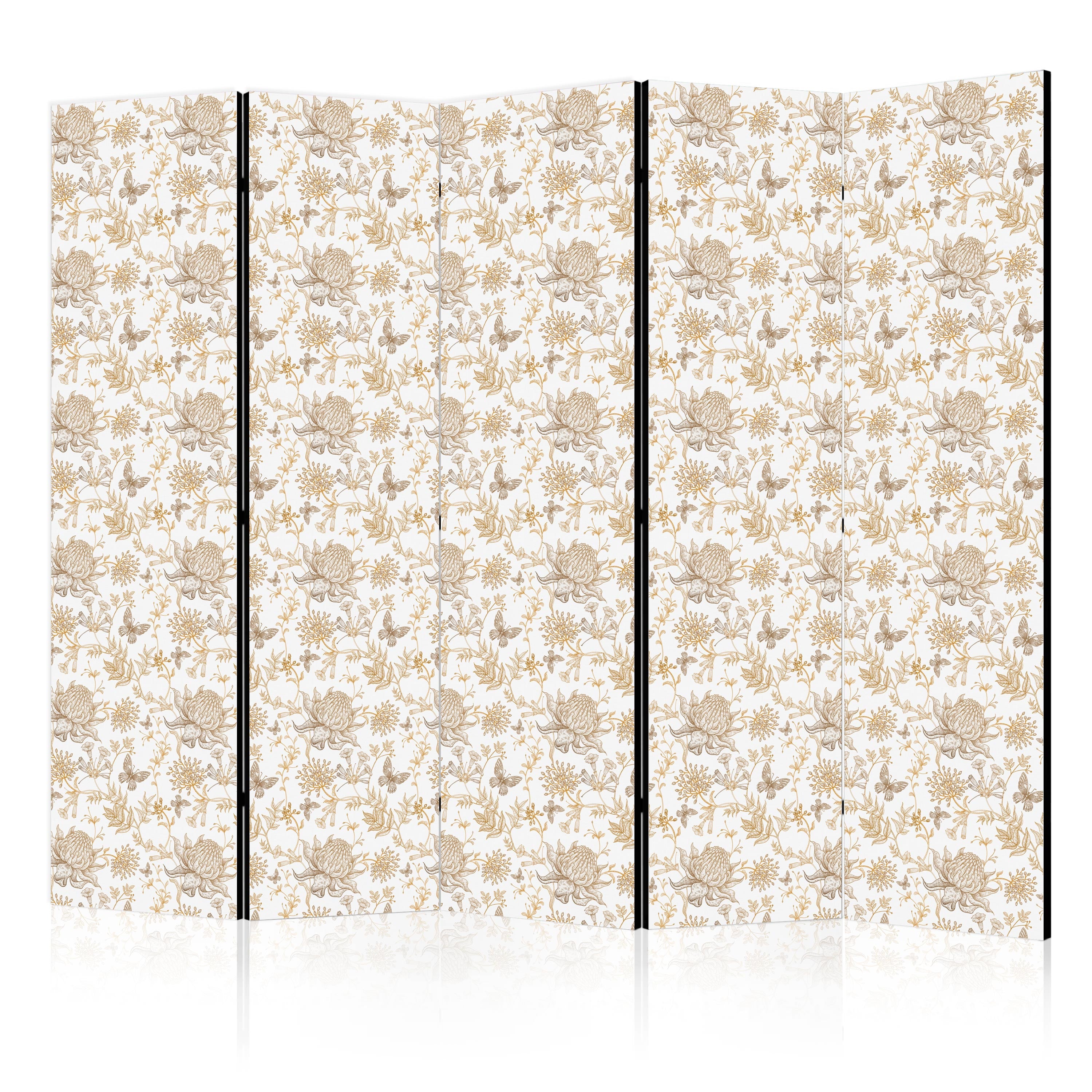 Room Divider - Beige Shades of Nature - Flowers and Butterflies on a White Background - Illustration