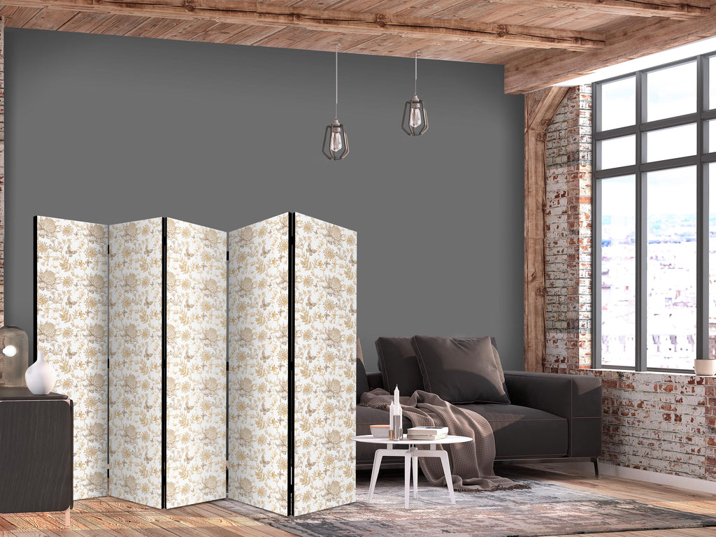 Room Divider - Beige Shades of Nature - Flowers and Butterflies on a White Background - Illustration