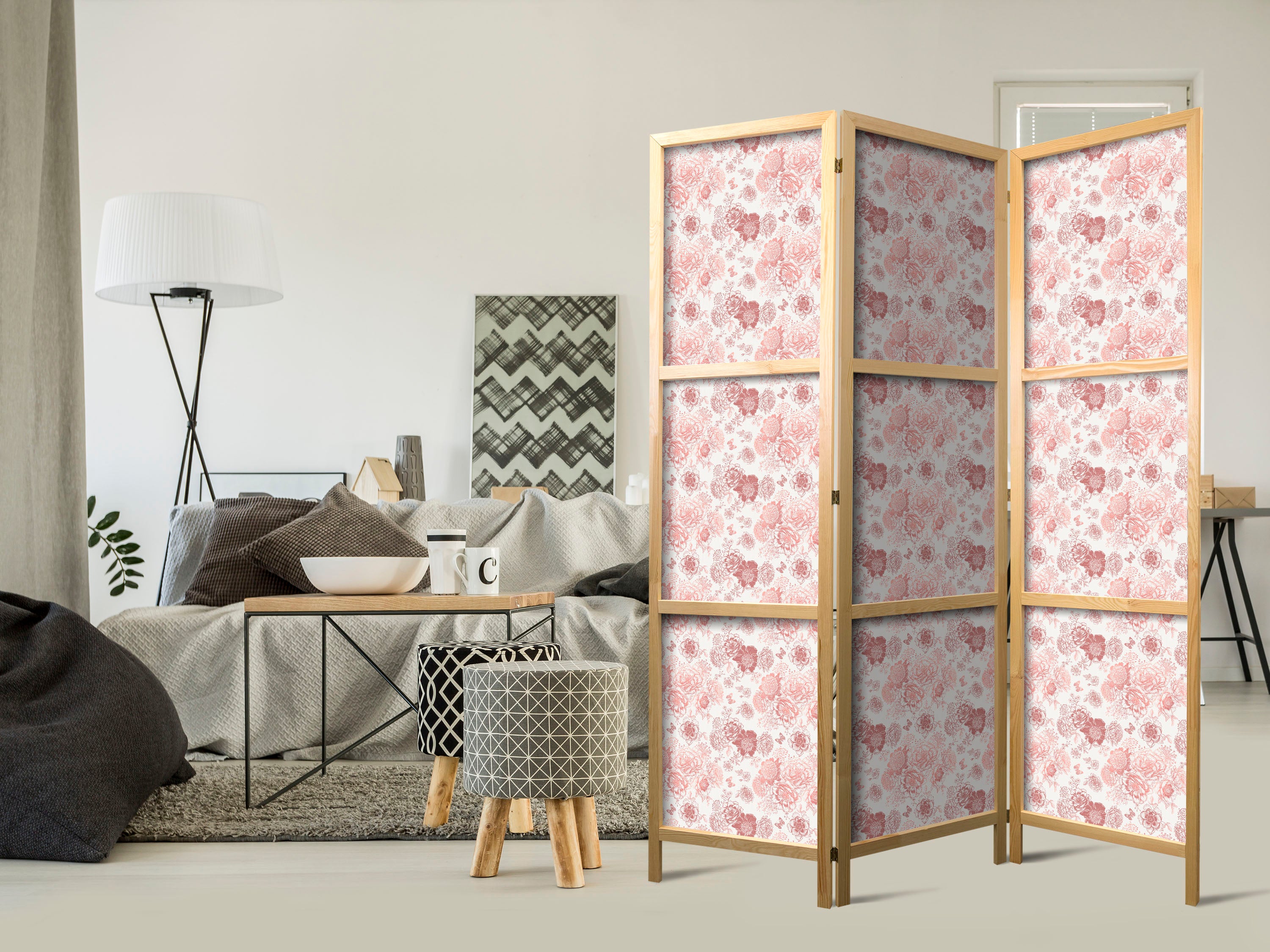 Japanese Room Divider with Pink Blossoms on White