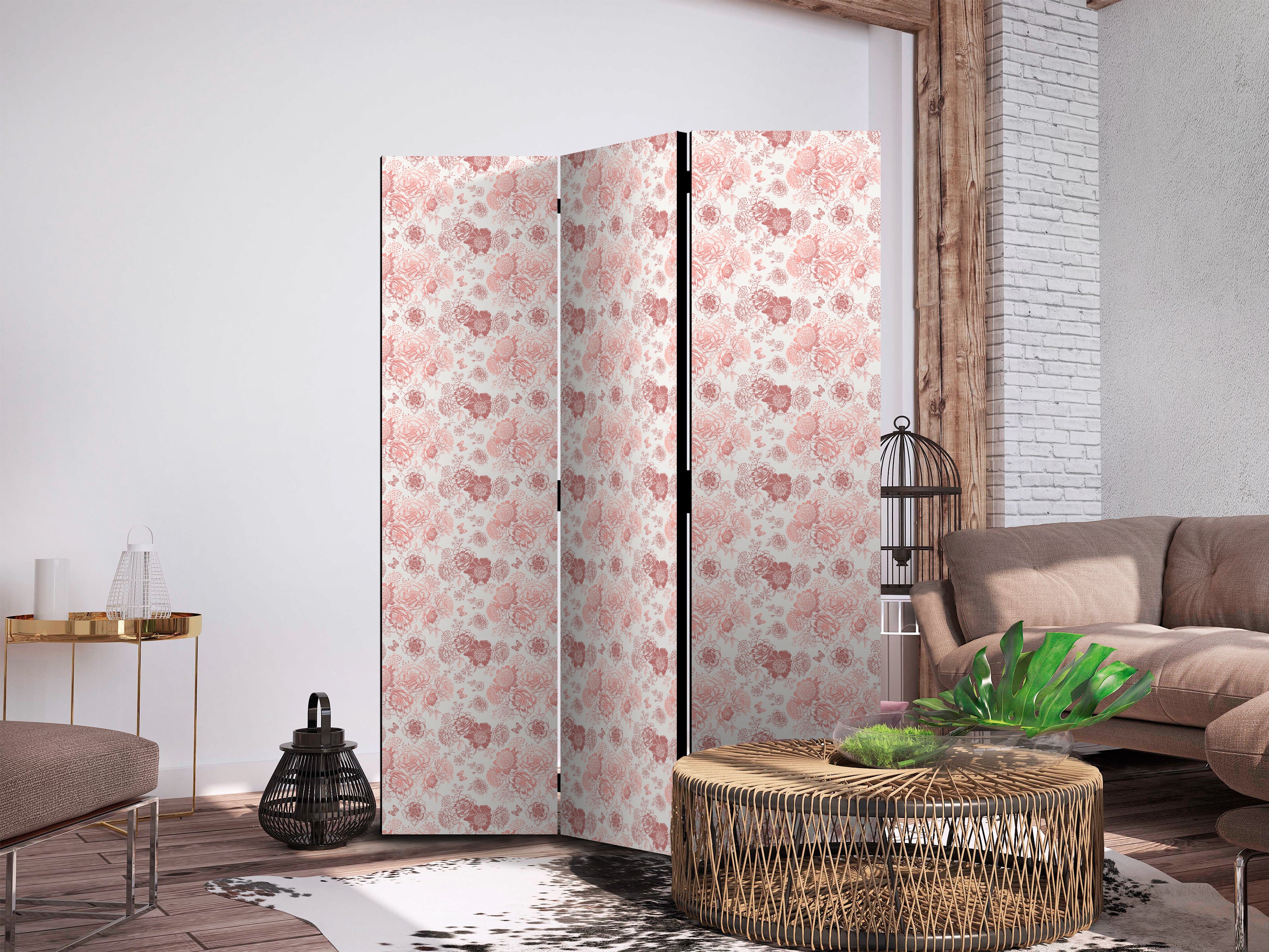 Room Divider - Pink Blossoming Flowers on White Background