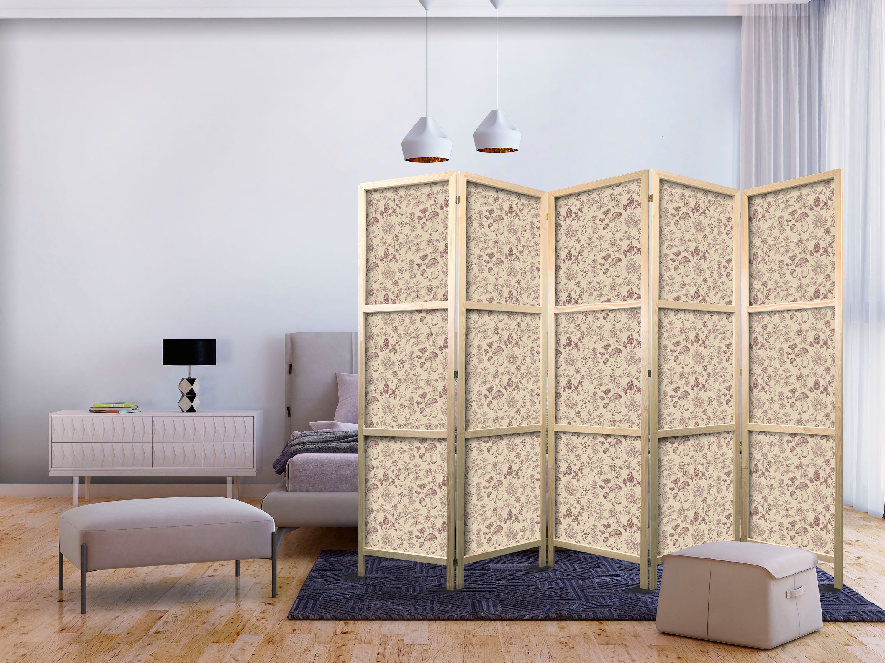 Japanese Room Divider - Beige Nature of the Forest - Mushrooms Flowers and Herbs on a Light Background