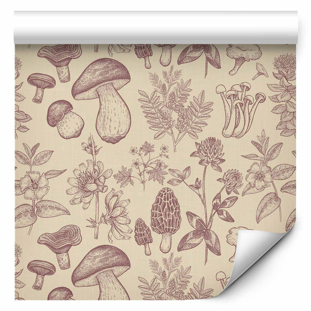 Beige Mushrooms and Herbs Botanical Wallpaper