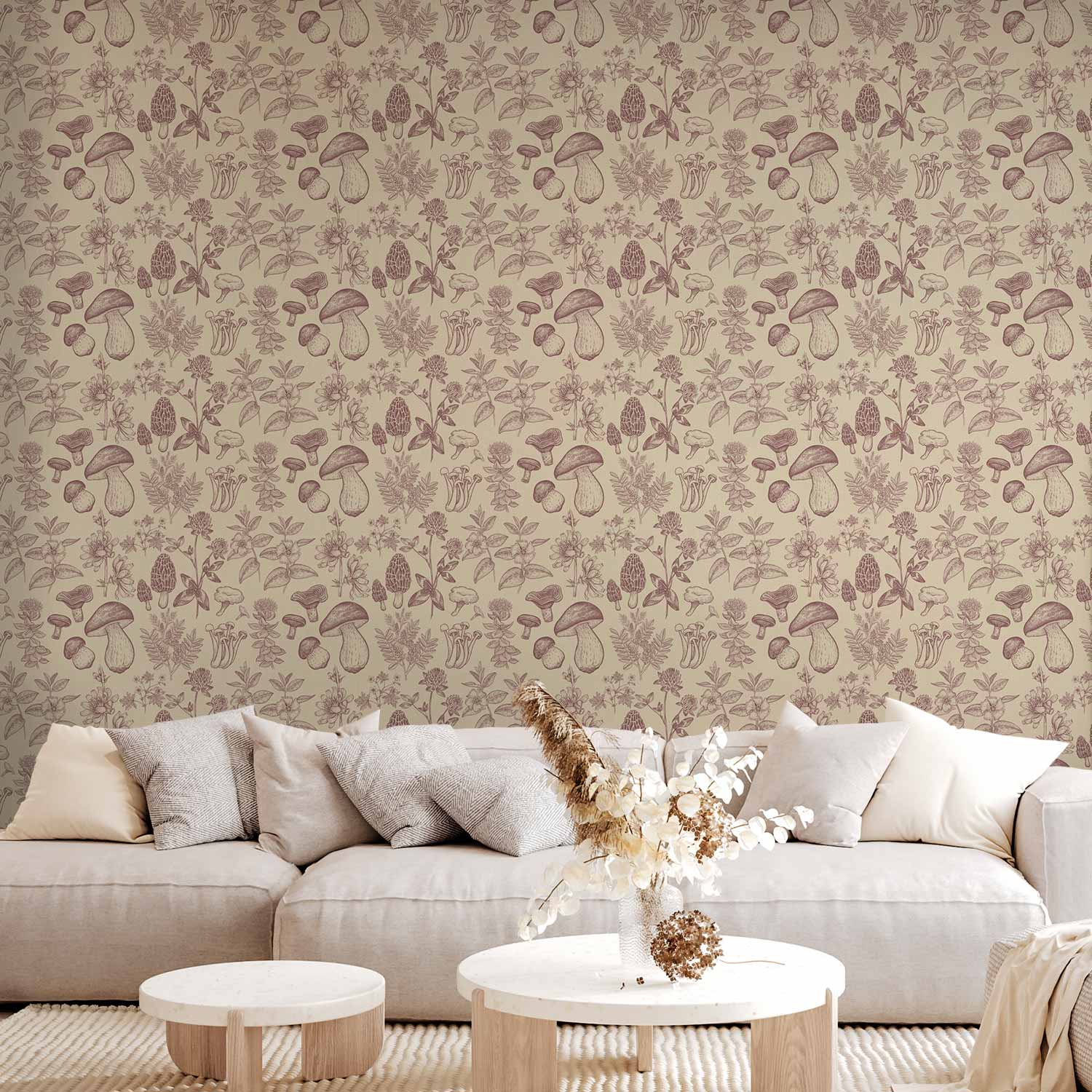 Beige Mushrooms and Herbs Botanical Wallpaper