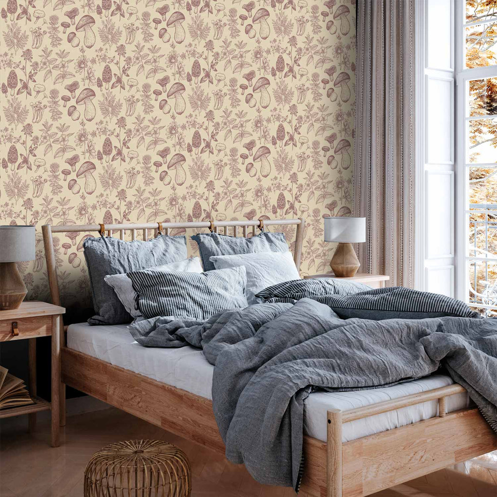 Beige Mushrooms and Herbs Botanical Wallpaper