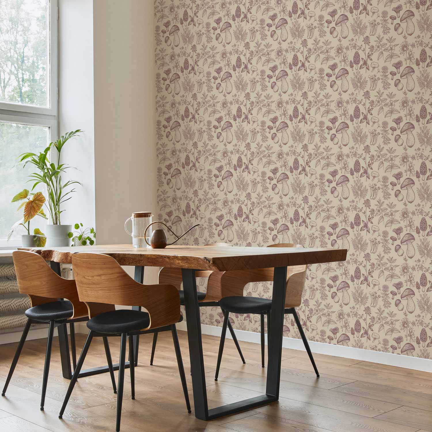 Beige Mushrooms and Herbs Botanical Wallpaper