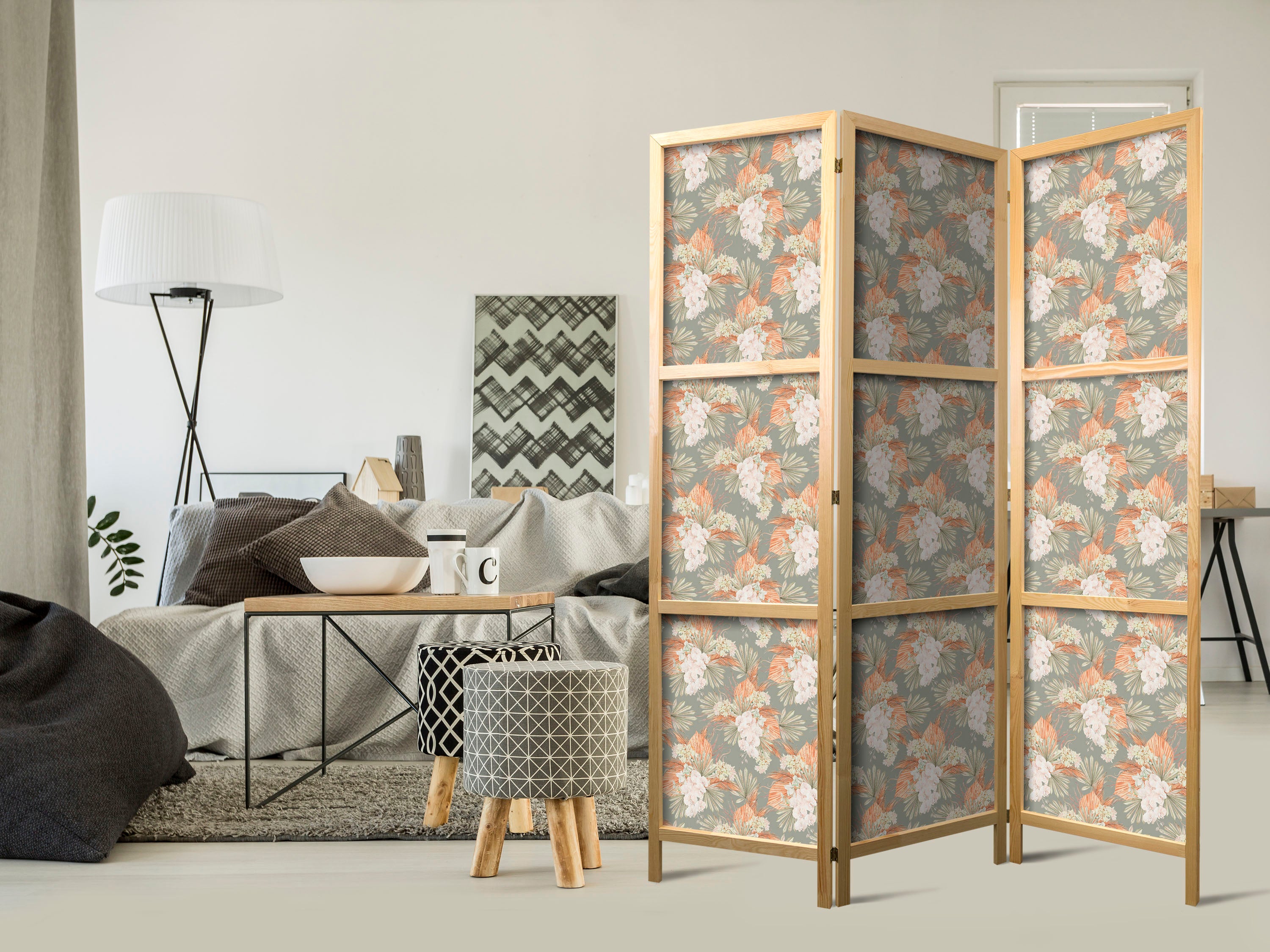 Japanese Room Divider 3-Panel Floral Screen